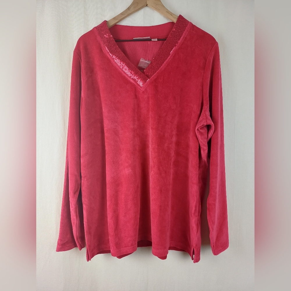 Quacker Factory NIB Long Sleeve Sequin Velour Top Lipstick Red  XL A217164
